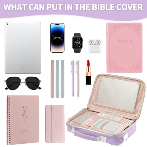 KOPKOFT Bible Cover Case for Women, Large Chenille Letter Leather Bible Case with Bible Study Accessories, Bible Study Supplies Bible Journaling Kit, Christmas Christian Gift for Women Girls (Purple) - color: Purple