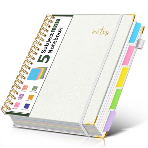 Hardcover Spiral Notebook Journal 8.5" x 11" Leather 5 Subject Notebook with Removable Dividers Tabs, 300 Pages Organizer Notebooks for Work School, College Ruled, Large Lined Journal for Women,White - color: White, size: A4