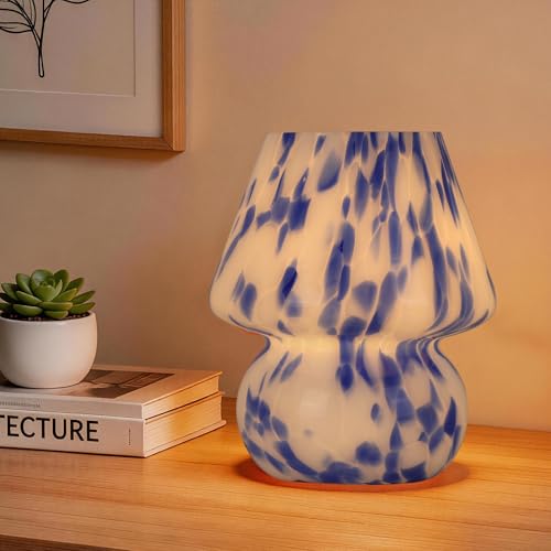 Mushroom Lamp, Blue&White, Small Glass Bedside Lamp - color: Blue&White