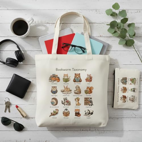 Aesthetic Canvas Tote Bag for Women – Minimalist Open-Top Design, Perfect for Books, Daily Errands and Gifting. - color: Whimsical Bookworm Cream