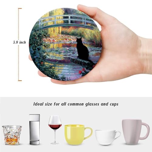 Drink Coasters for Drinks Set of 6, Water Lilies Art and Black Cat Absorbent Round Ceramic Stone Mat Coaster, with Cork Base and Metal Holder, Home Bar Decor House Warming Gift - color: Black Cat 2