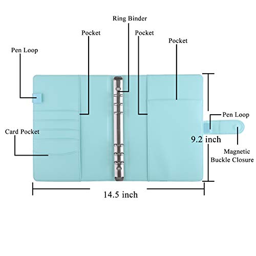 Antner A5 Notebook Binder 6 Ring Refillable Budget Planner Cover for Cash Organizer, PU Leather Loose Leaf Photocard Holder Aesthetic Binder with Magnetic Buckle for A5 Planner Inserts, Mint Blue - color: Mint Blue