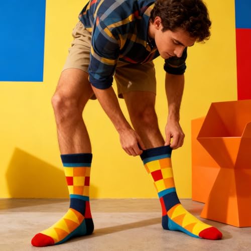 Colorful Funny Novelty Dress Socks for Men Women Teens Fathers Day Casual Fun Crazy Funky Graphic Crew Socks - color: 5 Pairs -Geometric Style1 - Color Block Polka Dot Triangular Patchwork Chevron Patterns Socks, size: 6-12