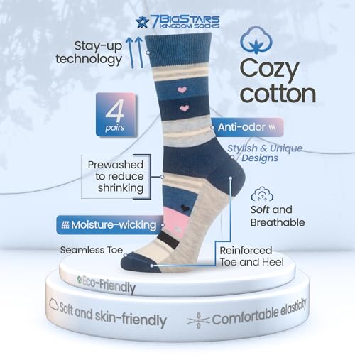 7BIGSTARS Women Cotton Crew Socks, Patterned 4 Pack, M 5-9 - L 8-12 - color: 04 - Light Navy, Blue, Pink (A56), size: 5-9