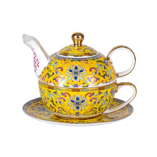 KAMMAK Tea for One Set, Ceramic Teapot, Bone China Tea Set, Cup and Saucer - color: Yellow