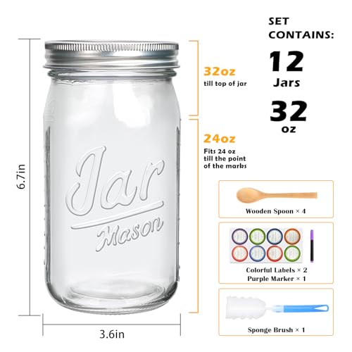 Accguan 12Pack 32oz Wide Mouth Mason Jars with Lids, Air Tight, Food Grade