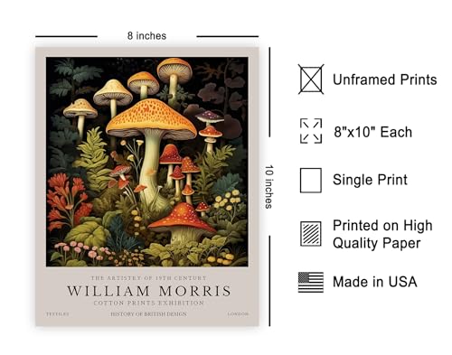 Poster Master Mushrooms Print - William Morris Poster - Botanical Flower Art - Floral Exhibition Wall Design - Farmhouse Illustration - Aesthetic Piece - Office or Bedroom Decor - 8x10 UNFRAMED Wall Decor - color: Style-01, size: 8"L x 10"W
