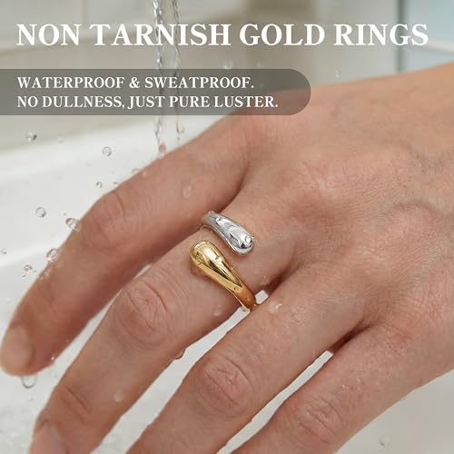 Non Tarnish Gold Chunky Rings for Women, 14K Gold Plated Statement Dome Rings Stacking Silver, Adjustable Mens Eternity Wedding Band Mixed Metal Jewelry Size 3-15 Half Size - color: Two Tone
