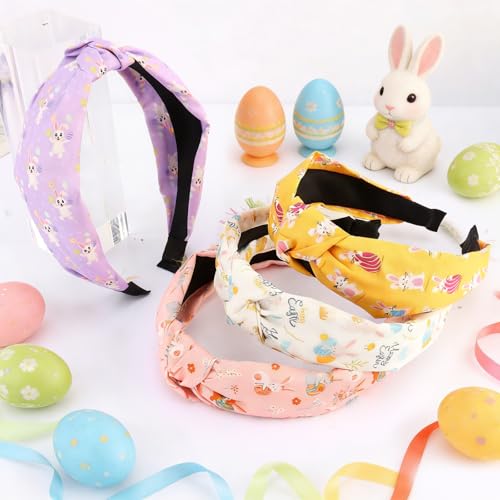 KICOSY 4PCS Easter Knotted Headbands - Bunny & Egg Print Hair Hoops for Daily Styling, Easter Party, Photo Shoot & Gift Giving