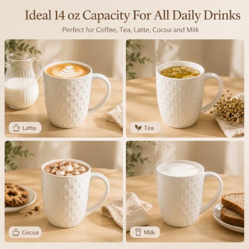 14 oz Ceramic Coffee Mugs Set of 4, White Stoneware Cups with Handle - color: Embossed-4PCS