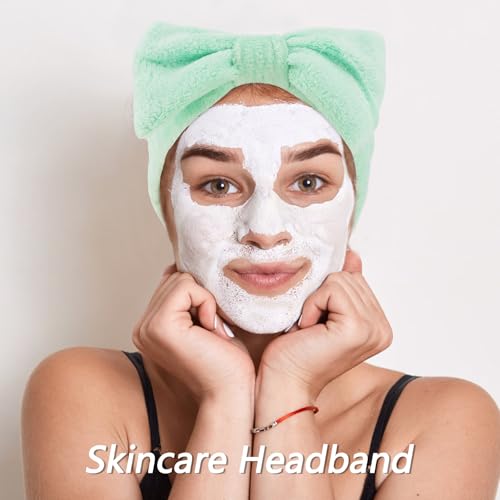 VELSCRUN Spa Headband, Makeup Face Wash Skincare Headbands, 6 Pcs Bright Green Sponge Bow Tie Get Ready HairBand Facial Wristband Set, Stuff for Teen Girls Women Trendy Fashion Hair Accessories - color: Bright Green