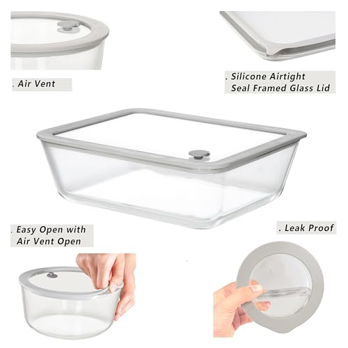 Glass Food Containers with Glass Lid, Microwave Safe Food Storage Container Set, 3 Pack of Large Size, Food Storage Containers with Lids, Meal Prep containers with Leak Proof Lid. - color: Grey-3R