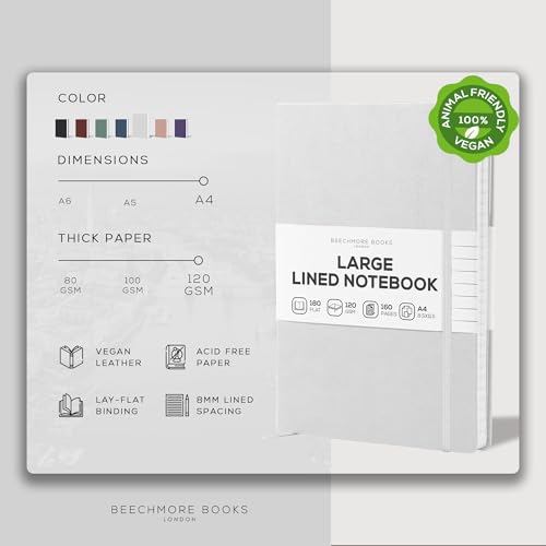 BEECHMORE BOOKS Lined Journal Notebook, 8.5" x 11.5", A4 160 Lined Pages, Hardcover Leather Journals for Women, Men, Writing and Notebooks for Work - 120 GSM Thick Paper, Gifts Box Included - color: Snow White, size: A4 - 8.5" x 11.5" Large