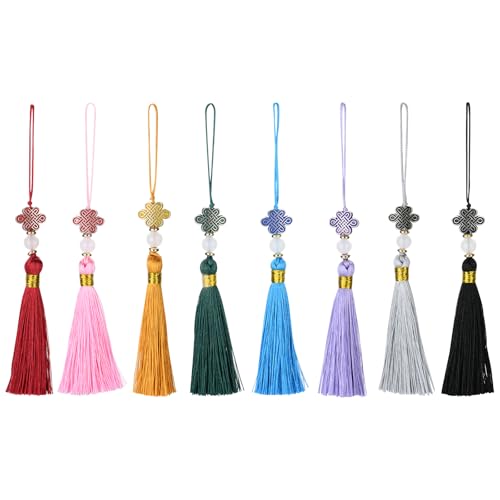 Beautyflier 24PCS Chinese Knot Tassel Pendant for Phone Case, Mini Mala Tassels with Hanging Loop, Jade Beads and Charms for Home Office Decor, Car Hanging Decoration, Graduation (8 Colors #1) - color: 8 Colors #1