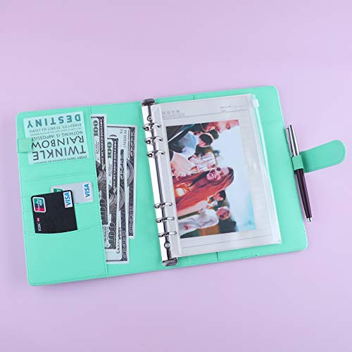 Antner A5 Notebook Binder 6 Ring Refillable Budget Planner Cover for Cash Organizer, PU Leather Loose Leaf Photocard Holder Aesthetic Binder with Magnetic Buckle for A5 Planner Inserts, Light Green - color: Light Green