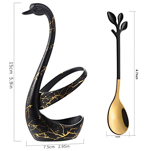 AnSaw Black Swan Base With 10-Pcs Mini Leaf Coffee Spoon Holder Set - 4.7" - color: Black & Gold Swan