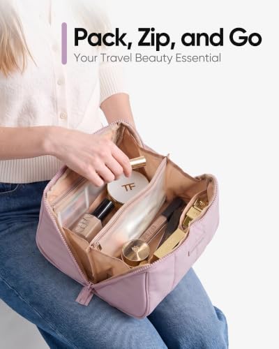 NISHEL Travel Makeup Bag for women, Organizer Pouch Cosmetic Case - color: Peach-Pink
