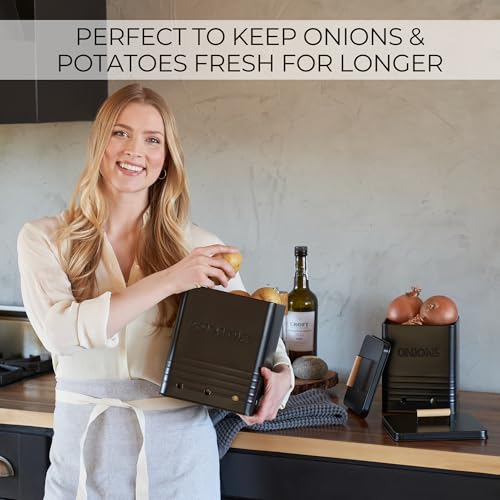 Beautiful Potato and Onion Storage Container Set - Food Safe Metal Bins - color: Black