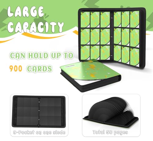 Trading Card Binder 9 Pocket,Card Binder 900 Pockets,Card Book Holder Cards with 50 Removable Sleeves,3-Ring Zip Design MTG/TCG/Sport Collectible Trading Card Albums Gifts for Boys and Girls (Green) - color: Green, size: Large