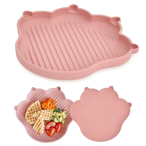 MEOW Plate Baby Toddler Plates, Baby Feeding Essentials 100% Food-Grade Silicone Led Weaning Supplies BPA Free Toddler Soft and Durable Silicone Plate Feeding Supplies BPA Free Kids Dry Rose - color: Dry Rose