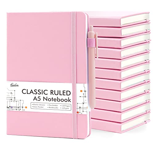 feela 12 Pack Notebooks Journals Bulk, Hardcover Notebook Classic Ruled Lined Journals with Pen Holder for Women Girls School Business Supplies, with 12 Black Pens, 120 GSM, 5.1”x8.3”, A5, Rose Pink - color: 12 Rose Pink