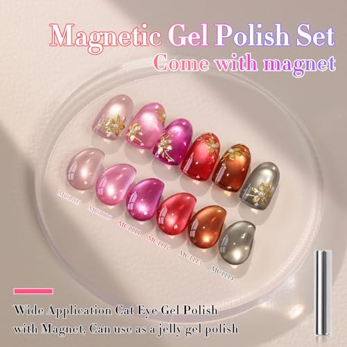 Double Rhythm Cat Eye Gel Nail Polish Set of 6 Same Color Same Bottle 0.5 Oz Shimmer Glitter with Magnet Holographic Reflective Magnetic UV Nail Polish Kit at Home (Glass Brown Red Nude-T6-43) - color: Glass Brown Red Nude