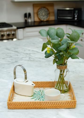 Magenta & Teal Decorative Rectangle Rattan Serving Tray 13x9 inch Mother of Pearl Inlay, Wicker Coffee Table Decor, Farmhouse (Silver Green Flower) - color: Silver Green Flower