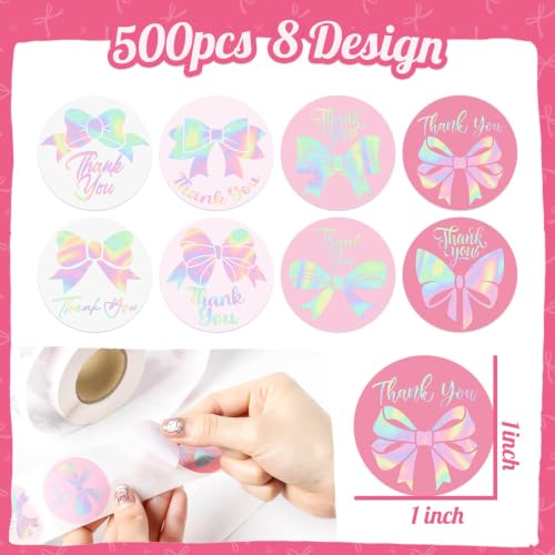 Holographic Bow Thank You Roll Stickers Pink Round for Gift Wrapping - style: Pink Bow
