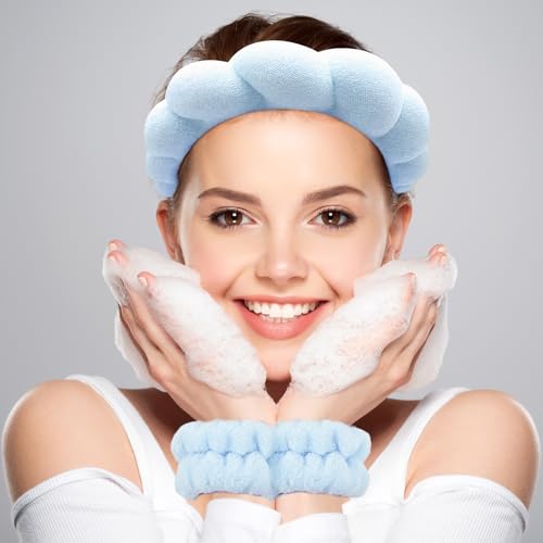 Zkptops Spa Headband for Washing Face Wristband Set Sponge Makeup Skin Care Terry Cloth Bubble Soft Get Ready Light Blue Hairband Women Girls Puffy Padded Headwear Non Slip Thick Hair Accessory - color: ZC Light Blue-2