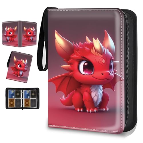 4 Pocket Trading Card Binder, Holds 400 Cards, Zipper Binder - color: Red Dragon