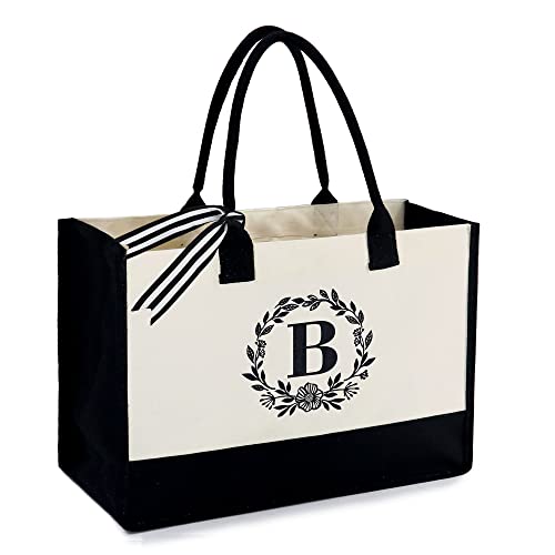 BeeGreen Embroidery Monogram Initial Tote Bag for Women Teacher Mom Friend Personalized Gift for Birthday Beach Work Wedding - color: Black With Natural, style: B