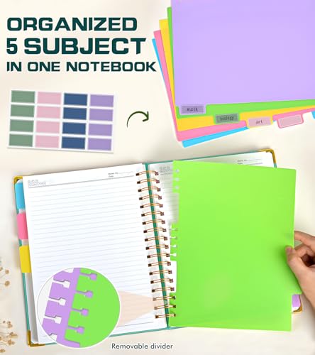 Hardcover Spiral Notebook Journal 8.5" x 11" Leather 5 Subject Notebook with Removable Dividers Tabs, 300 Pages Organizer Notebooks for Work School, College Ruled, Large Lined Journal for Women,Aqure - color: Aqure, size: A4