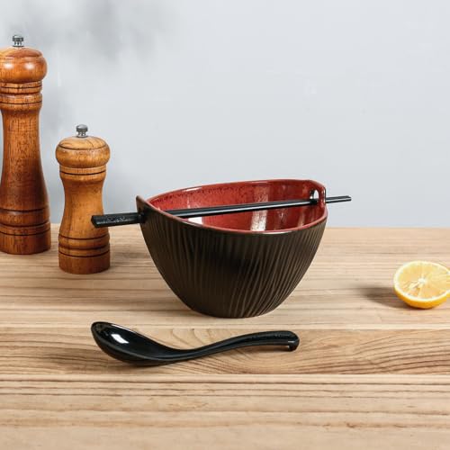 Ceramic Ramen Bowl with Chopsticks,6.7 Inch Noodle Bowls,Pho Bowls and Spoons Set,Japanese Bowl for Pho,Udon,Soba,Noodle,Microwave Safe,Set of 2 (Burnt Red) - color: Burnt Red