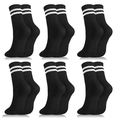 Womens White Crew Socks 6 Pair Striped Trim Casual Crew Socks - color: Black