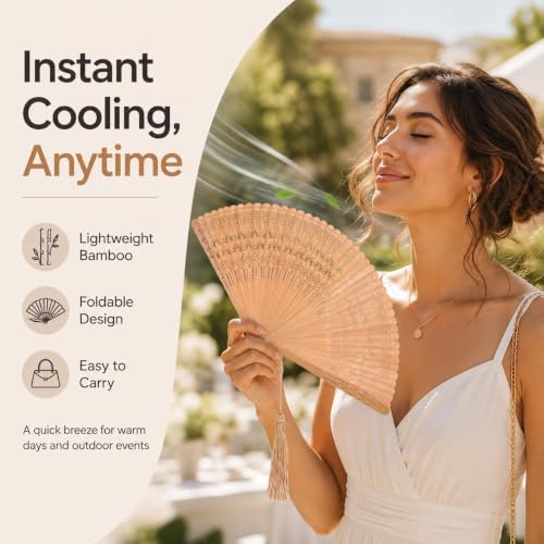 COHEALI Bamboo Folding Hand Fan, 12.5 Inch Wooden Handheld Fan with Tassel, Vintage Cooling Accessory for Women, Weddings and Parties