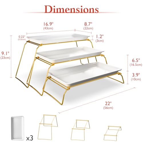 Bumusty Large 3-Tier Melamine Serving Tray Set, 17 x 8.7 in, Gold Stand - color: Gold, size: 17" x 8.7"