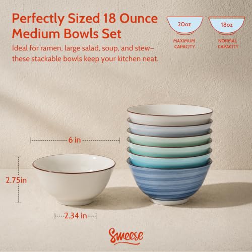 Sweese 18 oz Ceramic Soup Bowls Set of 6, Blue Pasta Bowls for Ramen, Salad, Noodles, Cereal and Soup, Stackable Serving Bowls for Everyday Meals - color: New Blue, size: 18oz (Large)