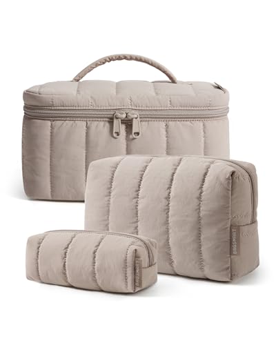 BAGSMART Travel Makeup Bag Set, 3 Pc Puffy Cosmetic Pouch, Camel - color: Camel