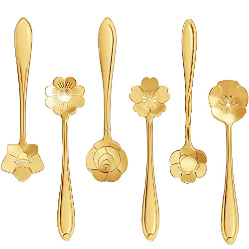 Stainless Steel Creative Flower Coffee Spoon Soup Spoons Sugar Spoons, Ice-Cream Tea Stirring Spoons 4.8 Inches Retro Dessert Demitasse Espresso Spoons Cutlery Kitchen Tableware-Set of 12 - color: Gold,Style 1