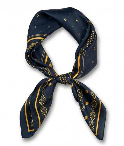 corciova Women’s Square Scarf 27.5 in (70 x 70 cm), Satin-Feel Polyester, Lightweight Fashion Scarf for Hair, Neck and Bag - color: Paisley Border (Navy Blue and Gold)