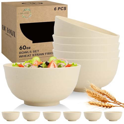 Large Wheat Straw Bowls Set of 6, 60 OZ Unbreakable Serving Bowls, Microwave Safe & Dishwasher Safe, Perfect for Salad, Fruit, Cereal, Soup, Ramen, Family Meals, Beige - color: Beige, size: 60 OZ