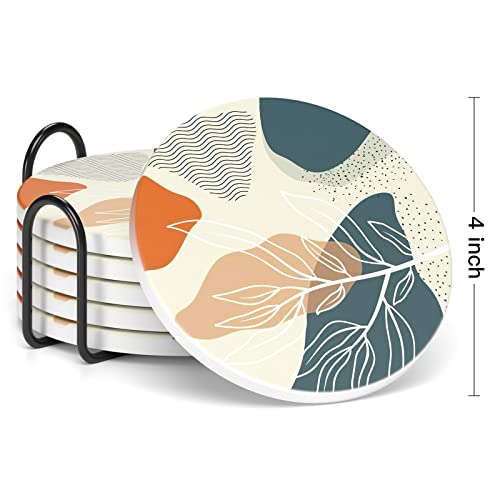 Coasters for Drinks, Set of 6 Cute Absorbent Ceramic Drink Coasters - color: Abstract Boho Leaf