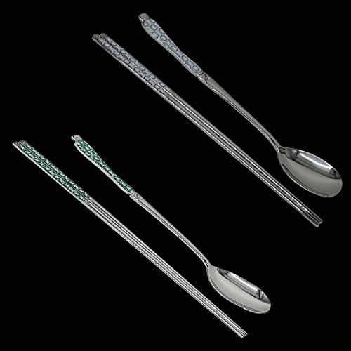 [Made in Korea] Goryeo Celadon Design Korean Table Sticky Rice Spoon and Chopsticks 430 Stainless Steel Glossy Surface Mukbang Cutlery (White and Blue) - style: White and Blue