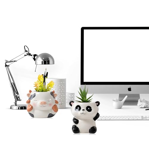 DIYOMR Cute Animals Planter, Mini Ceramic Cartoon Animal Shaped Succulent Flower Pot Indoor Air Plants Holder, Smooth Shiny Decorative Flower Cactus Planter - Plants Not Included (Milk Cow) - color: Milk Cow