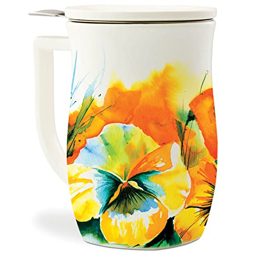 Tea Forte Ceramic Fiore Tea Cup with Infuser, Wild Poppy, 14 oz - color: Wild Poppy