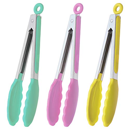 HINMAY 9-Inch Serving Tongs with Silicone Tips, Set of 3 (Mint Pink Yellow) - color: Mint Pink Yellow