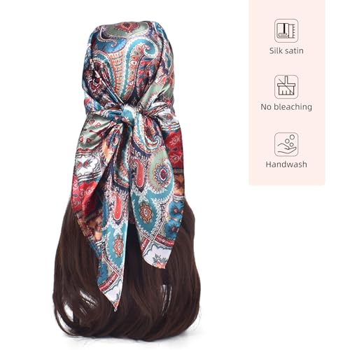 35 Inches Silk Head Scarf-Satin Hair Scarves Silk Bandana Scarf Headscarf for Women's Fashion Scarves - color: Cashews With Buddha-blue