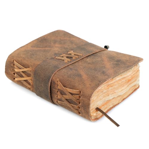ELIZO Vintage Leather Bound Journal for Men & Women, Book of Shadows Grimoire Journal, Thick Strap&Lock Closure-200 Handmade Deckle Pages Genuine Leather Sketchbook Notebook, Teak Brown, 4X6 inches - size: 4x6 (Strap & Lock Closure)