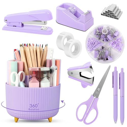 SKYDUE Purple Office Supplies Set with Pencil Holder for Desk,11 PCS - color: Purple