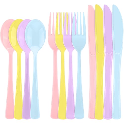 Kochorie 300 Pcs Pastel Plastic Silverware, Heavy Duty Plastic Cutlery Set - color: Macaron